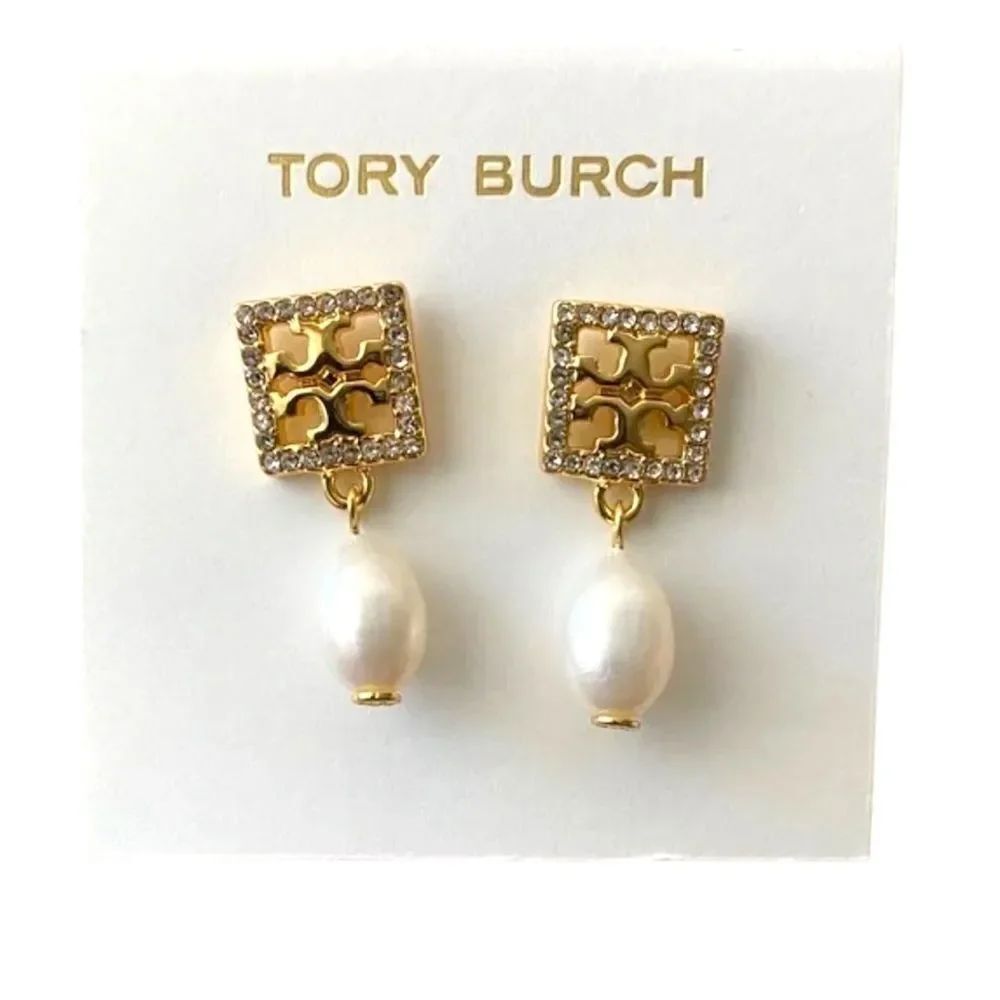 Tory Burch Kira Pave Gold and White pearls Drop Earrings